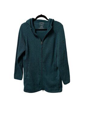 LL BEAN SWEATER FLEECE COAT WOMENS M HOODED FULL ZIP TEAL GREEN OUTDOOR WARM